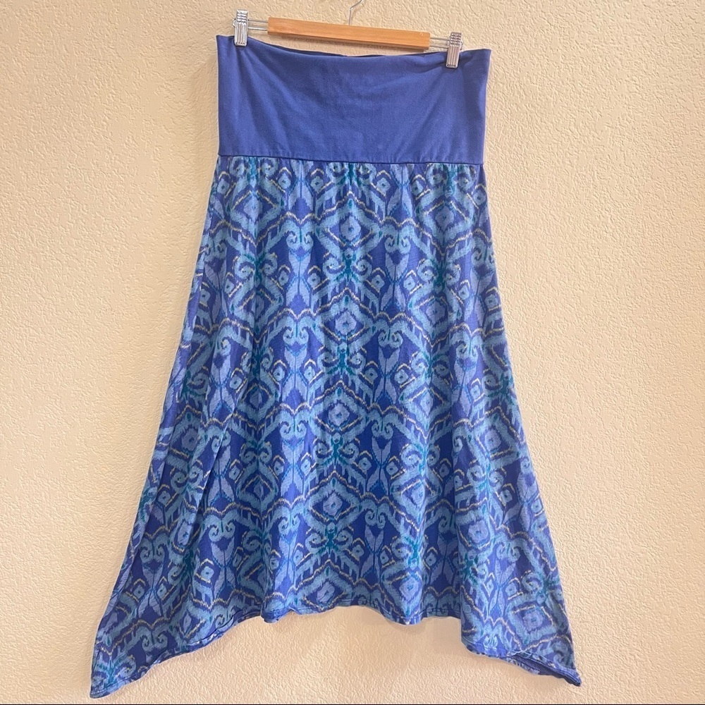 FRESH PRODUCE Blue Ikat Print Cotton Stretch Asymmetrical Maxi Skirt Sz L Boho